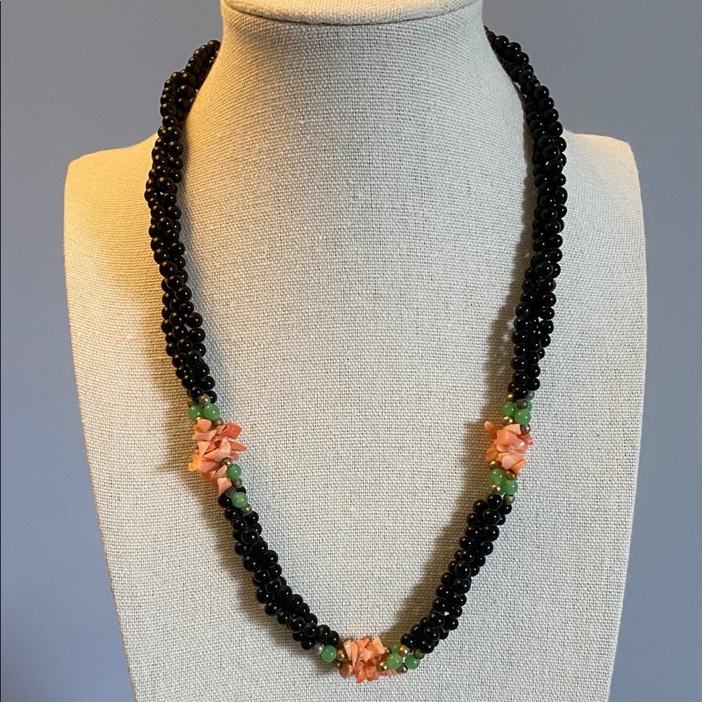 vintage multi-strand beaded necklace featuring black onyx, coral, and jade beads